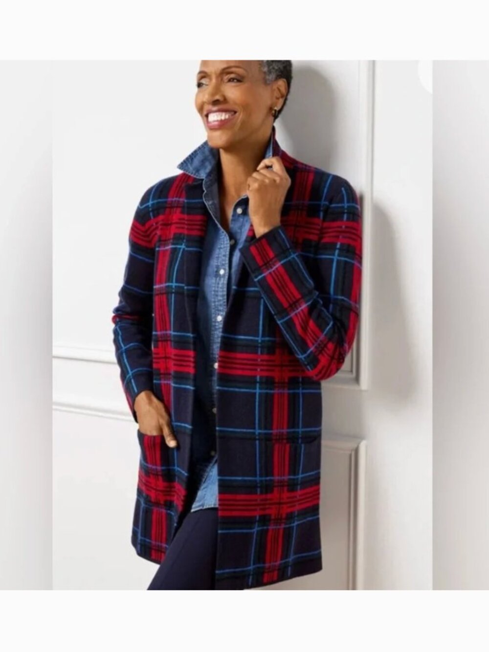 Talbots Merino Wool Navy & Red Plaid Coatigan Sweater Jacket